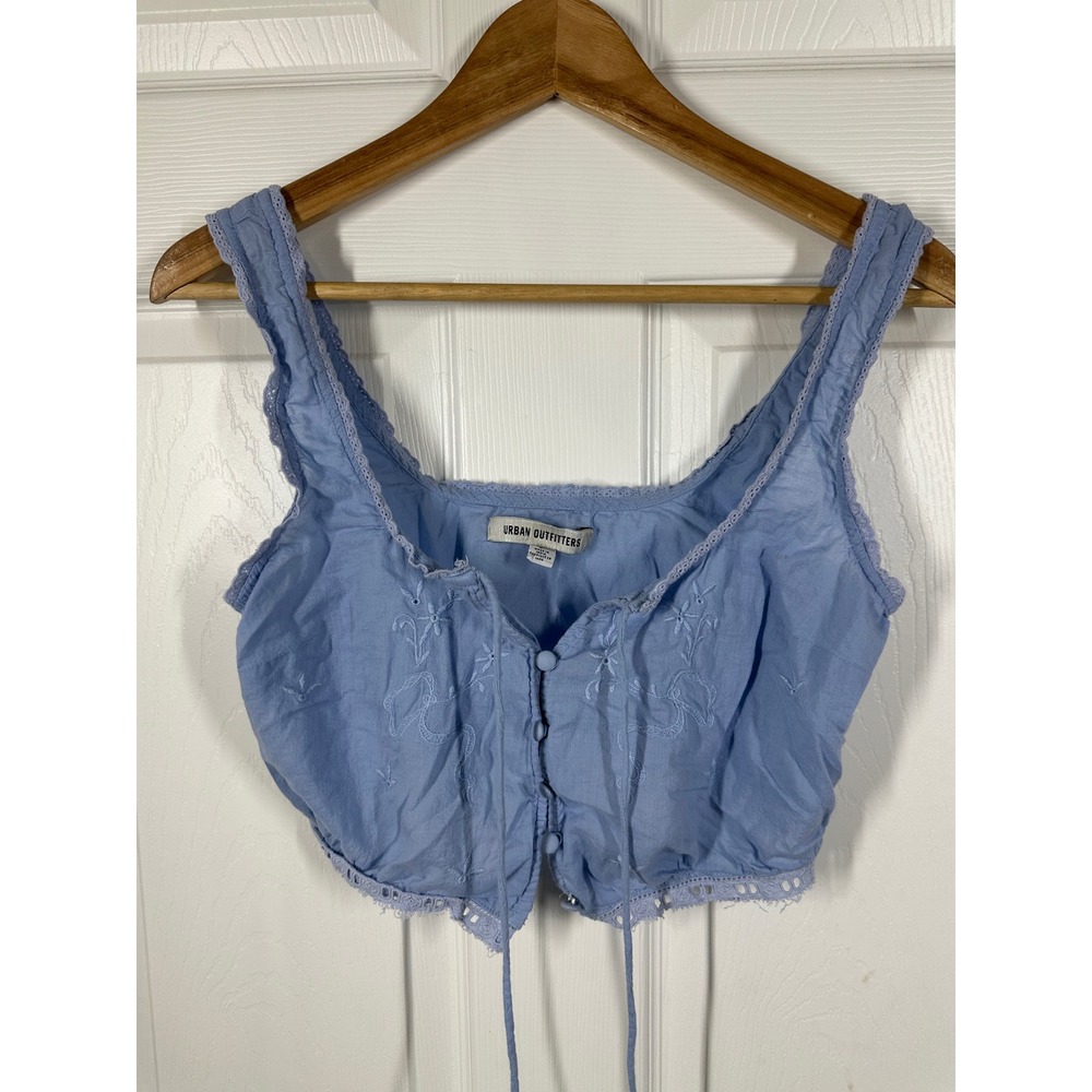 Urban Outfitters Crop Top Womens Small Blue Embroidered Lace Trim Boho Button Up